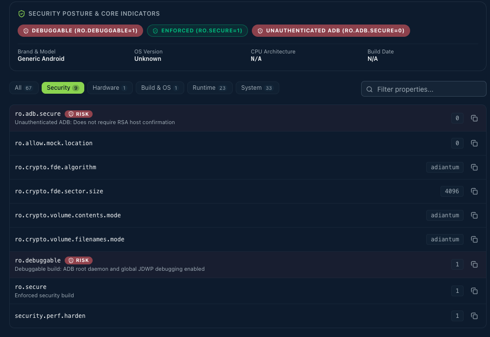 FMD build properties showing the userdebug build