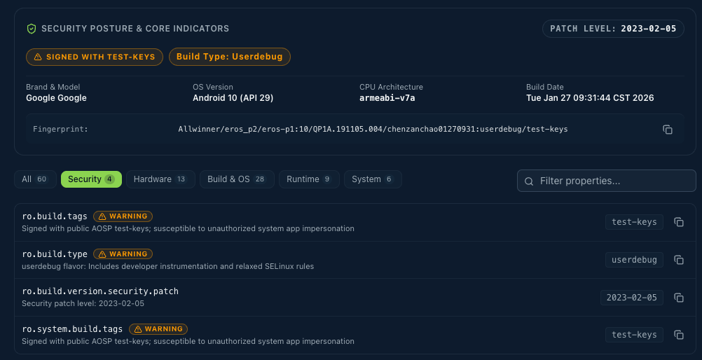 FMD build properties showing test-keys