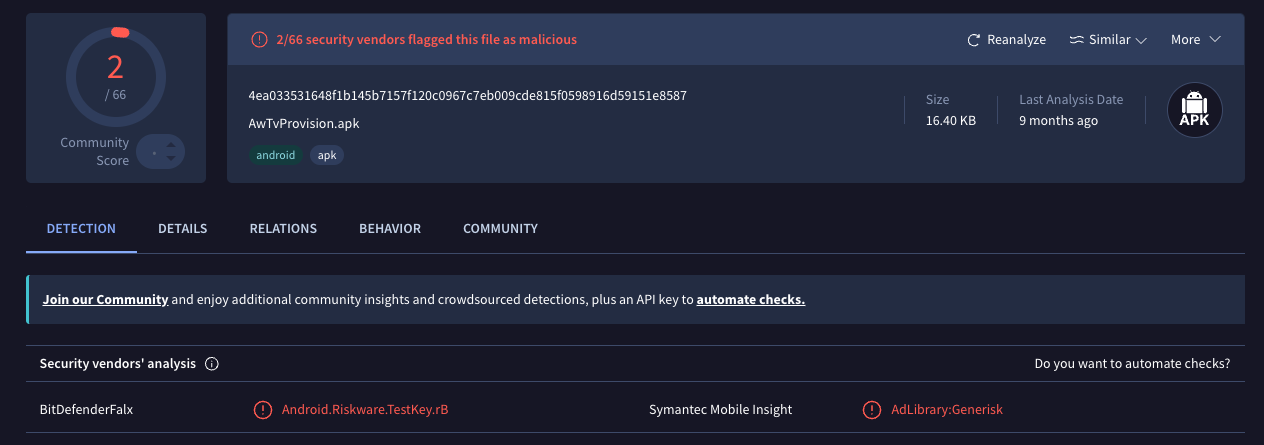 VirusTotal results for a pre-installed TV app