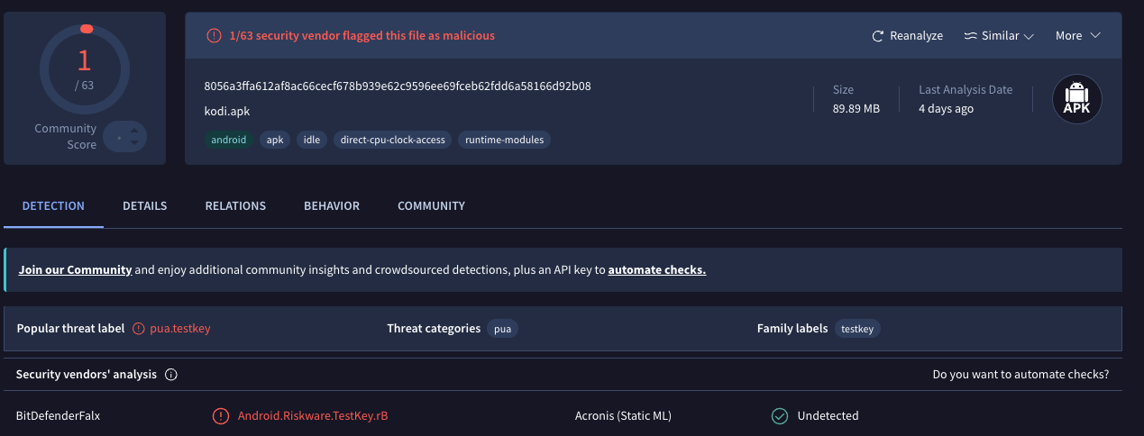 VirusTotal results for the pre-installed Kodi app